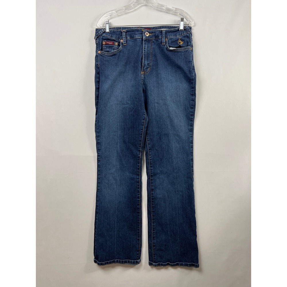 Baby Phat Jeans Women Size 16 Blue Denim High Rise Flare Embroidered Cat Y2K